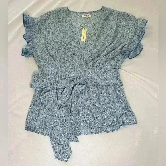 NWT Max Studio Crepe Tie Front Ruffle Sleeve Peasant Kimono Elastic Waist Blouse - Picture 2 of 10